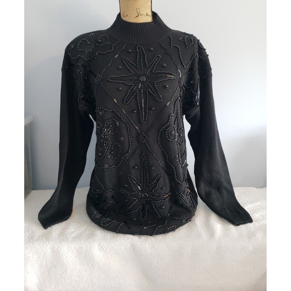 Victoria Jones Womans Black Beaded Sweater Size Large